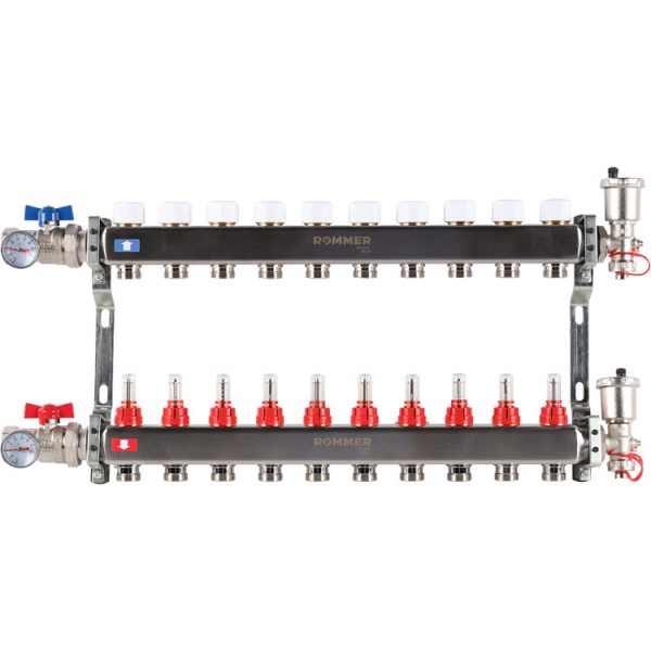 Коллектор из нержавеющей стали с расходомерами, маевский и слив, 10 вых. ROMMER