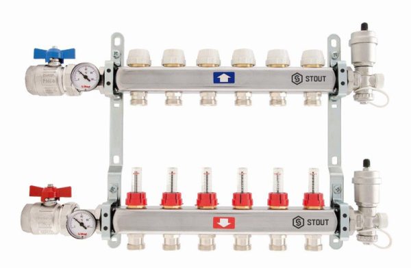 Коллектор 11 вых. с расходомером STOUT (с кранами с термометрами)