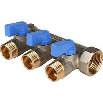 Коллектор никелированный 3/4"/1/2" x 2 выхода с синими ручками