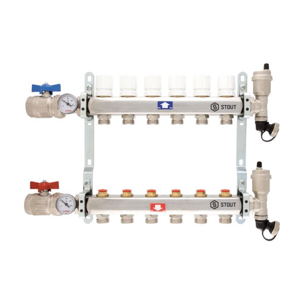 Коллектор 3 вых. с вентилями STOUT (с кранами с термометрами)