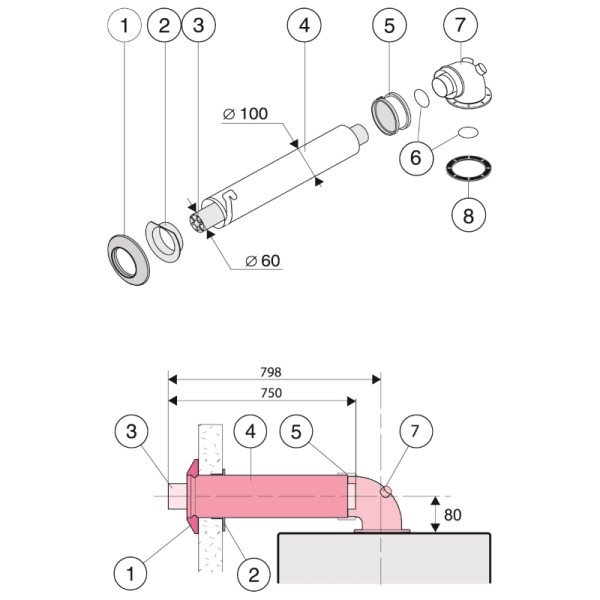 Горизонтальный коаксиальный дымоход 750 мм для Protherm Пантера и Гепард new (с коленом)