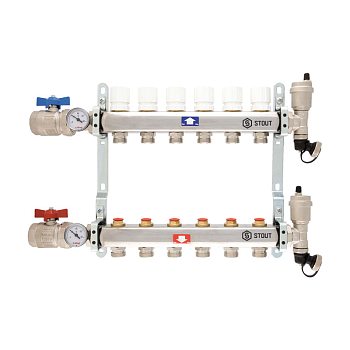 Коллектор 11 вых. с вентилями STOUT (с кранами с термометрами)